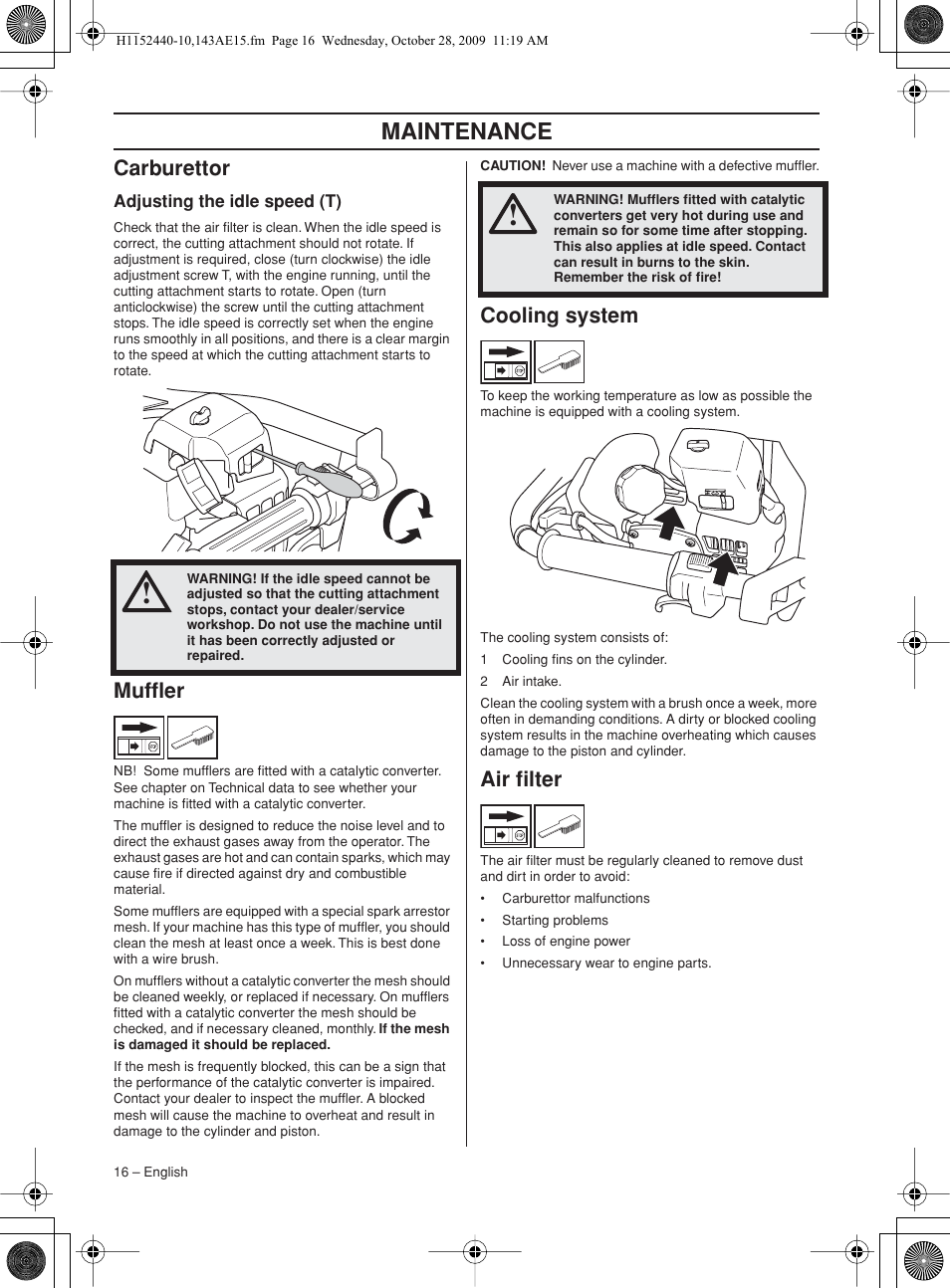 Carburettor, Adjusting the idle speed (t), Muffler | Cooling system, Air filter, Maintenance | Husqvarna 143AE15 User Manual | Page 16 / 76
