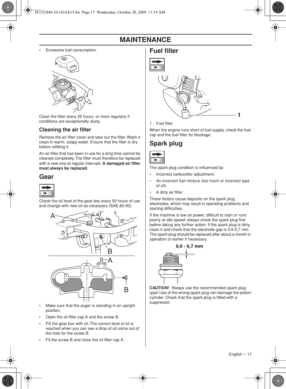 Cleaning the air filter, Gear, Fuel filter | Spark plug, Maintenance, Ab a b | Husqvarna 143AE15 User Manual | Page 17 / 76