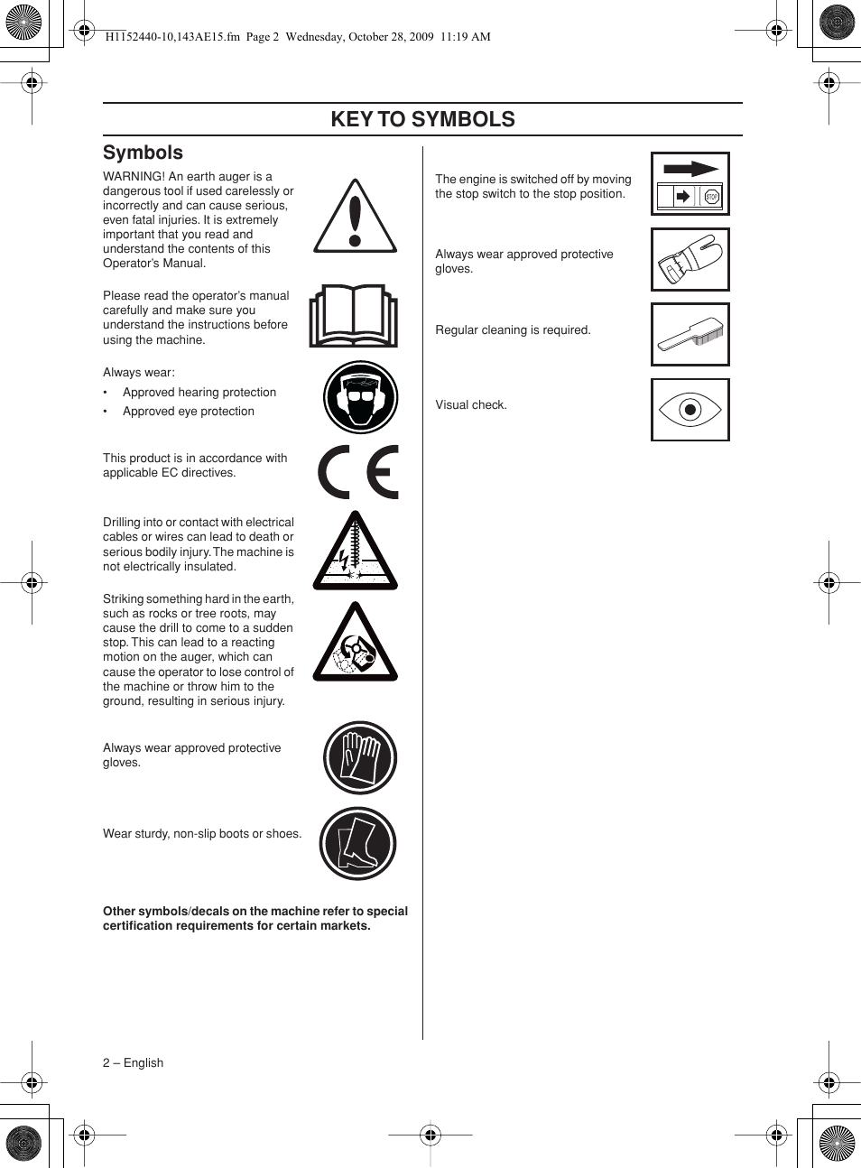 Symbols, Key t o symbols | Husqvarna 143AE15 User Manual | Page 2 / 76