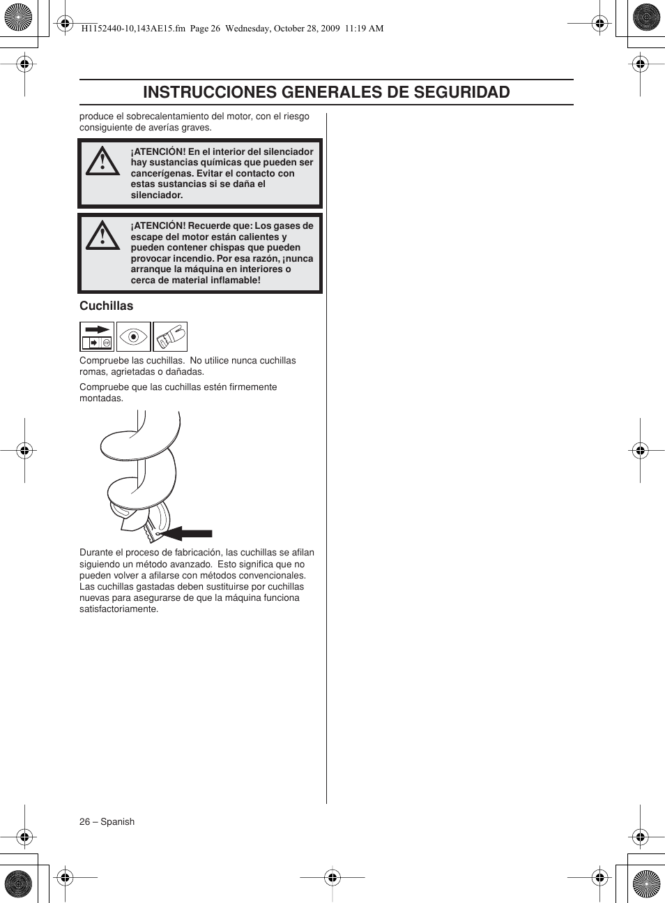 Cuchillas, Instrucciones generales de seguridad | Husqvarna 143AE15 User Manual | Page 26 / 76