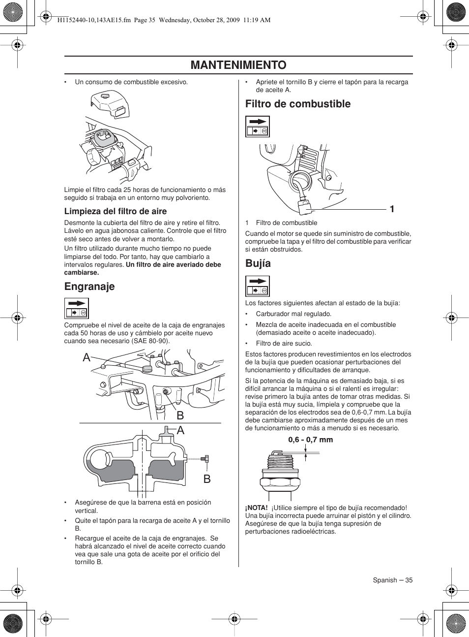 Limpieza del filtro de aire, Engranaje, Filtro de combustible | Bujía, Mantenimiento, Ab a b | Husqvarna 143AE15 User Manual | Page 35 / 76