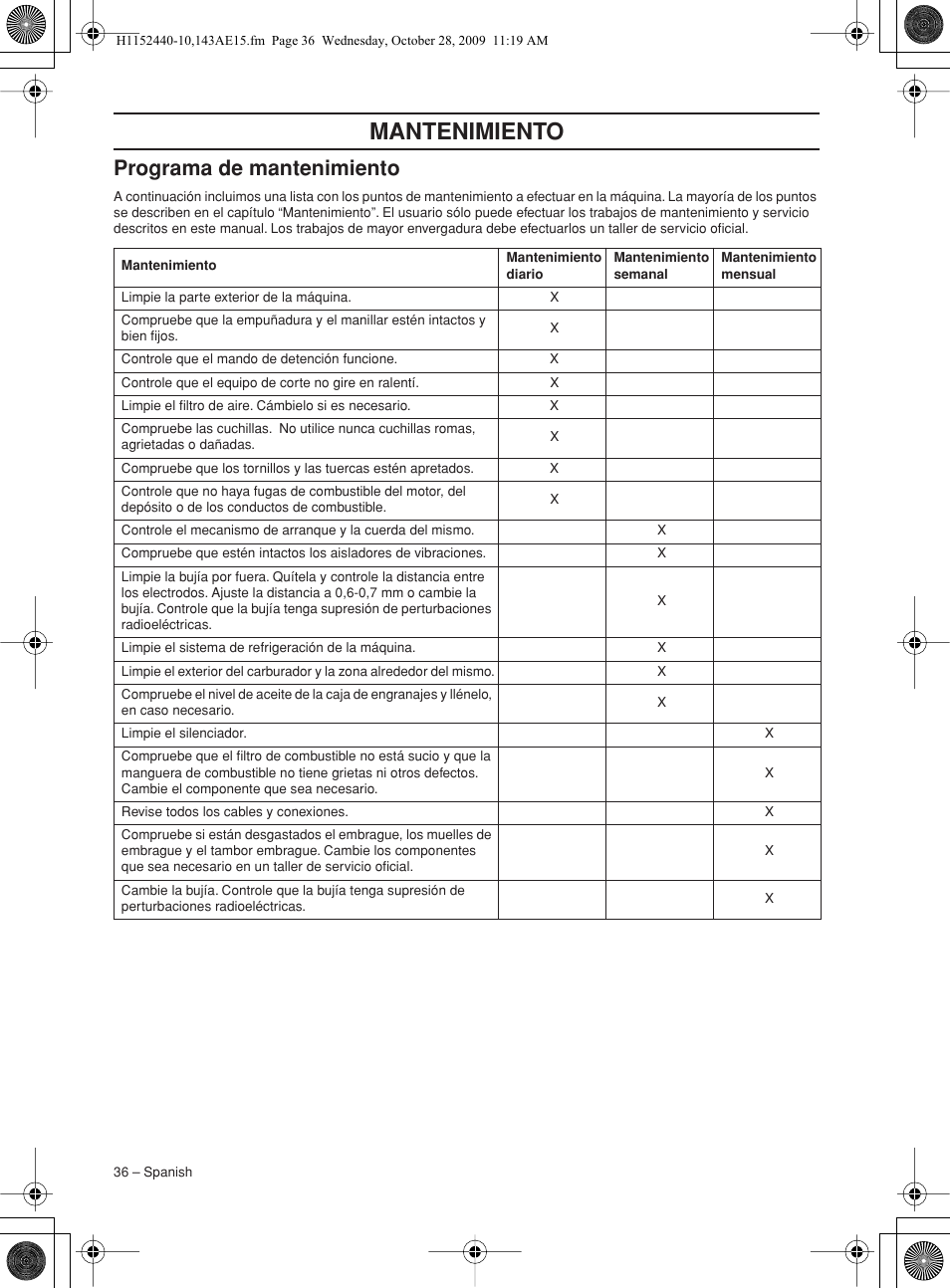 Programa de mantenimiento, Mantenimiento | Husqvarna 143AE15 User Manual | Page 36 / 76