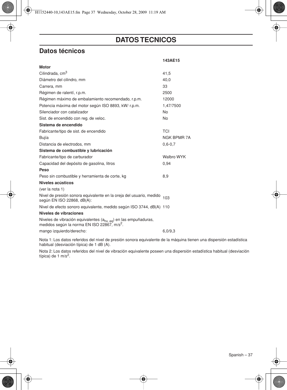 Datos técnicos, Datos tecnicos | Husqvarna 143AE15 User Manual | Page 37 / 76