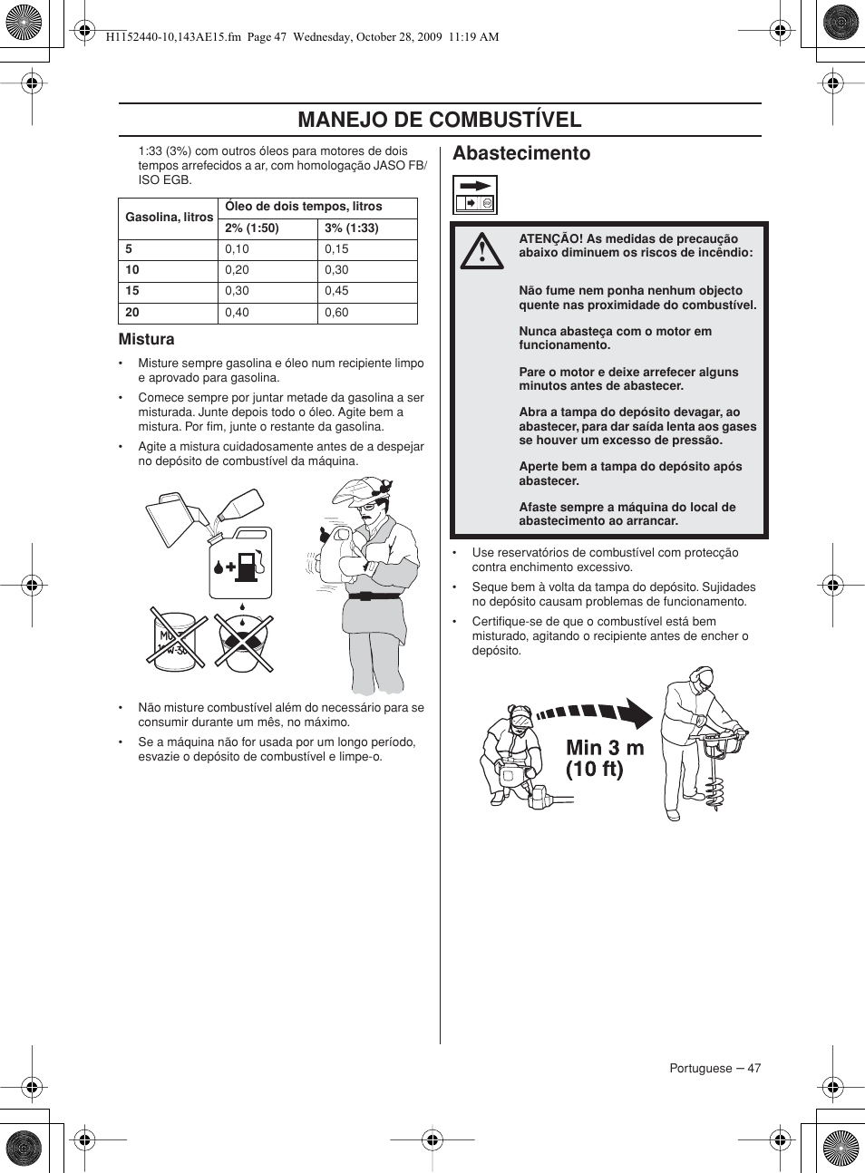 Mistura, Abastecimento, Manejo de combustível | Husqvarna 143AE15 User Manual | Page 47 / 76