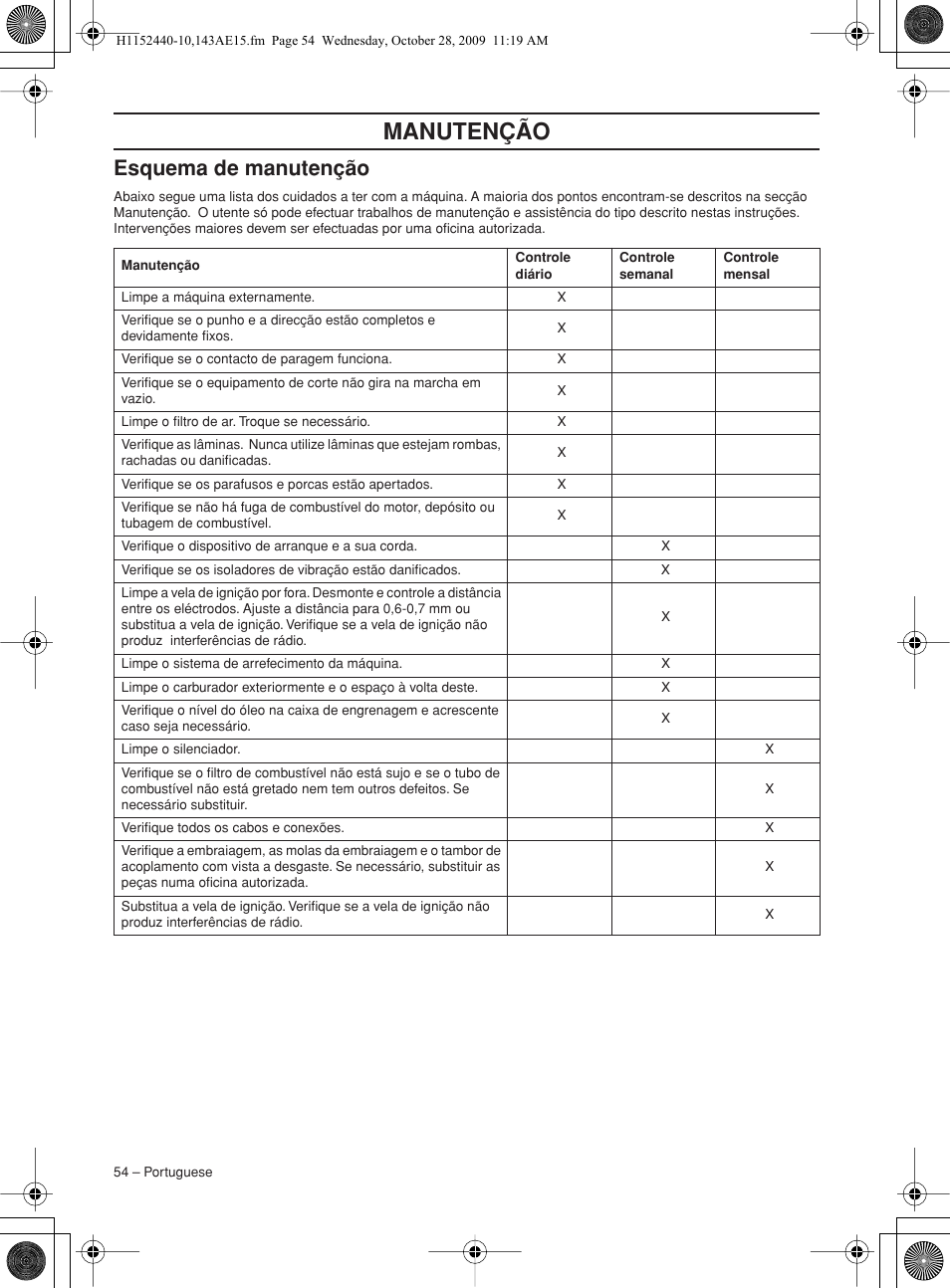 Esquema de manutenção, Manutenção | Husqvarna 143AE15 User Manual | Page 54 / 76