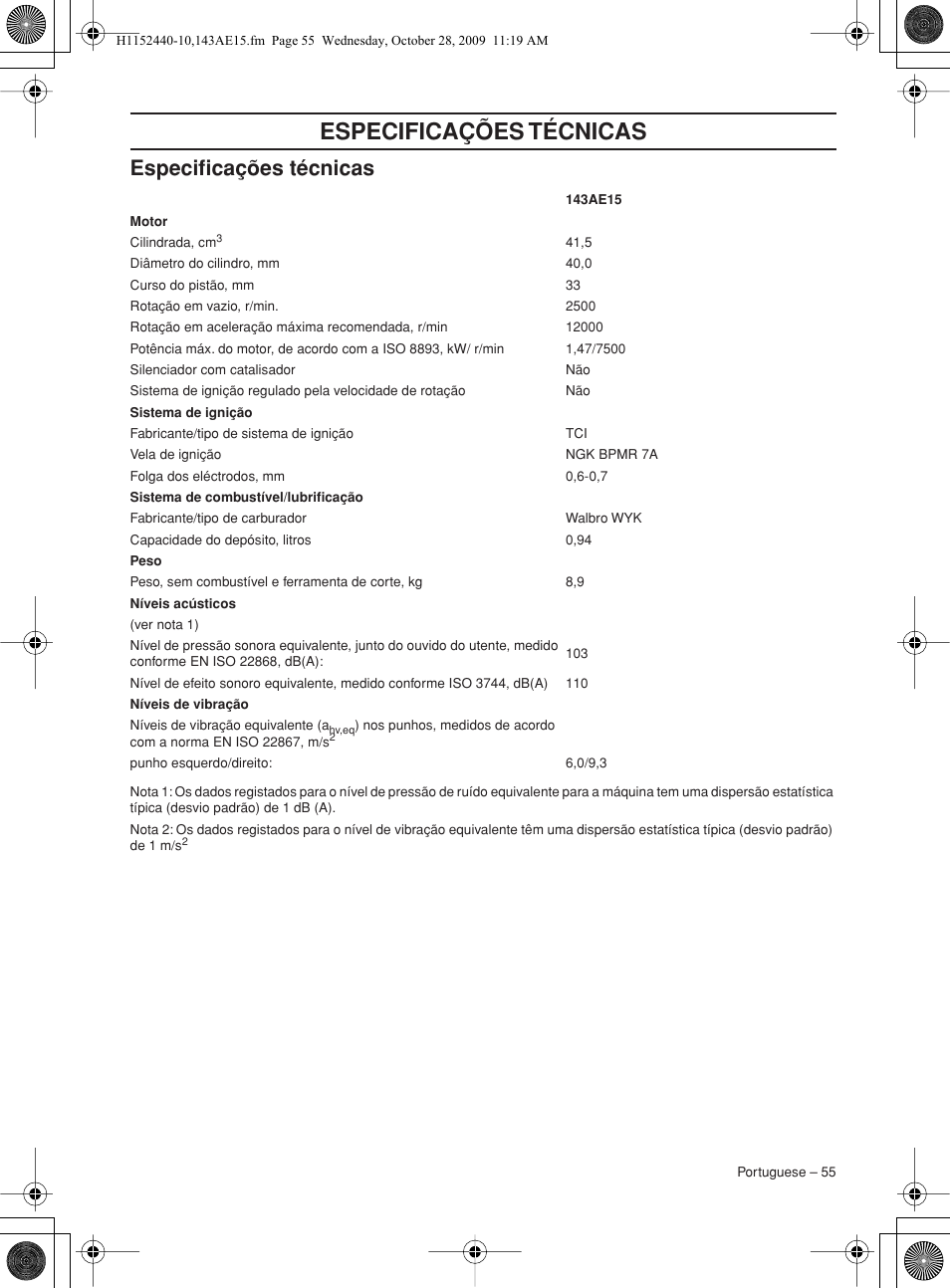 Especificações técnicas | Husqvarna 143AE15 User Manual | Page 55 / 76