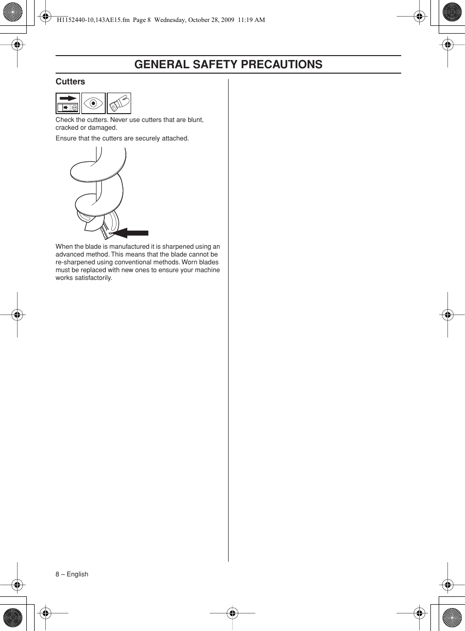 Cutters, General safety preca utions | Husqvarna 143AE15 User Manual | Page 8 / 76