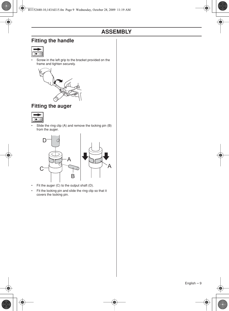 Fitting the handle, Fitting the auger, Assembl y | Ab c d, Fitting the aug er | Husqvarna 143AE15 User Manual | Page 9 / 76