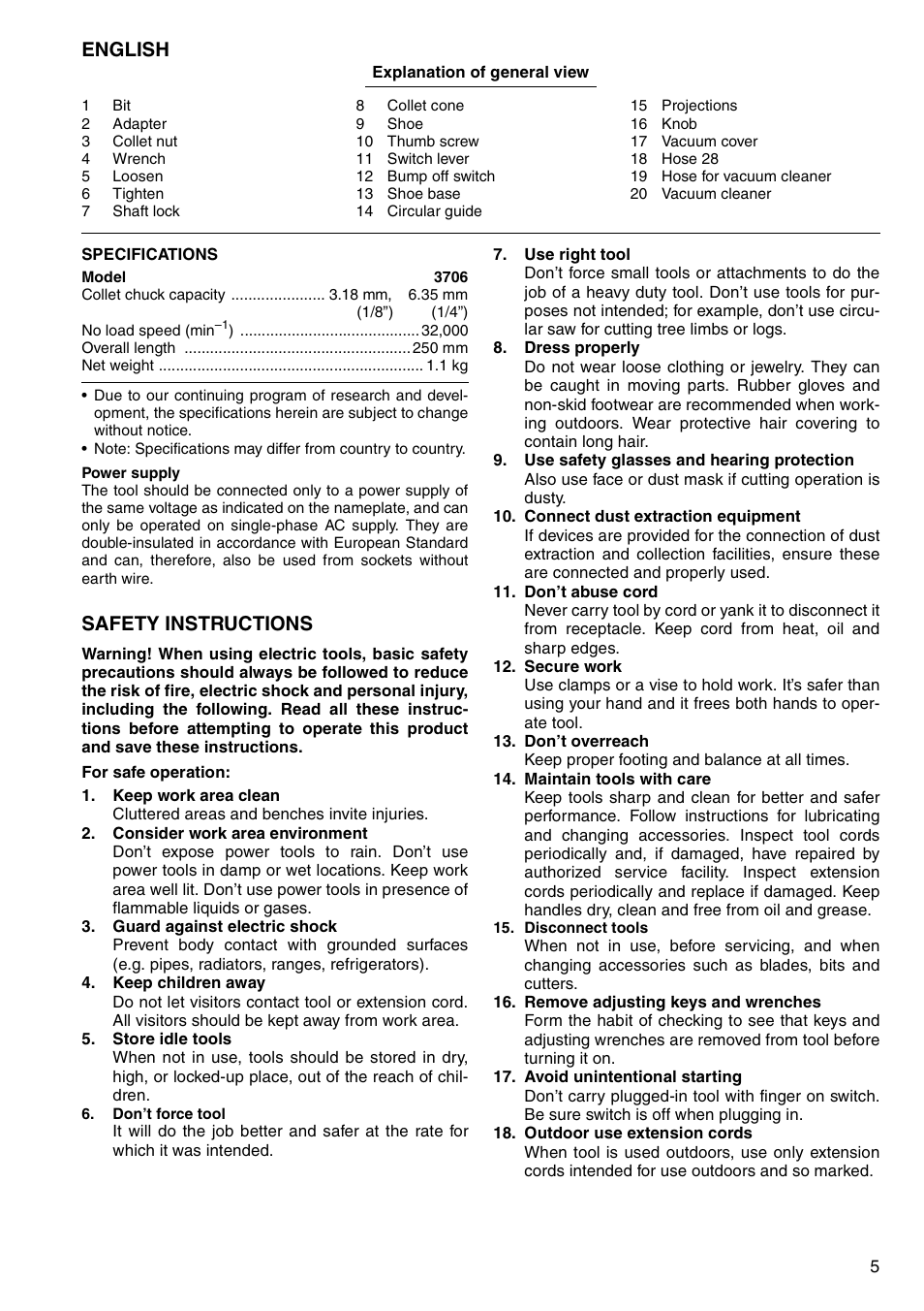 English, Safety instructions | Makita 3706 User Manual | Page 5 / 24