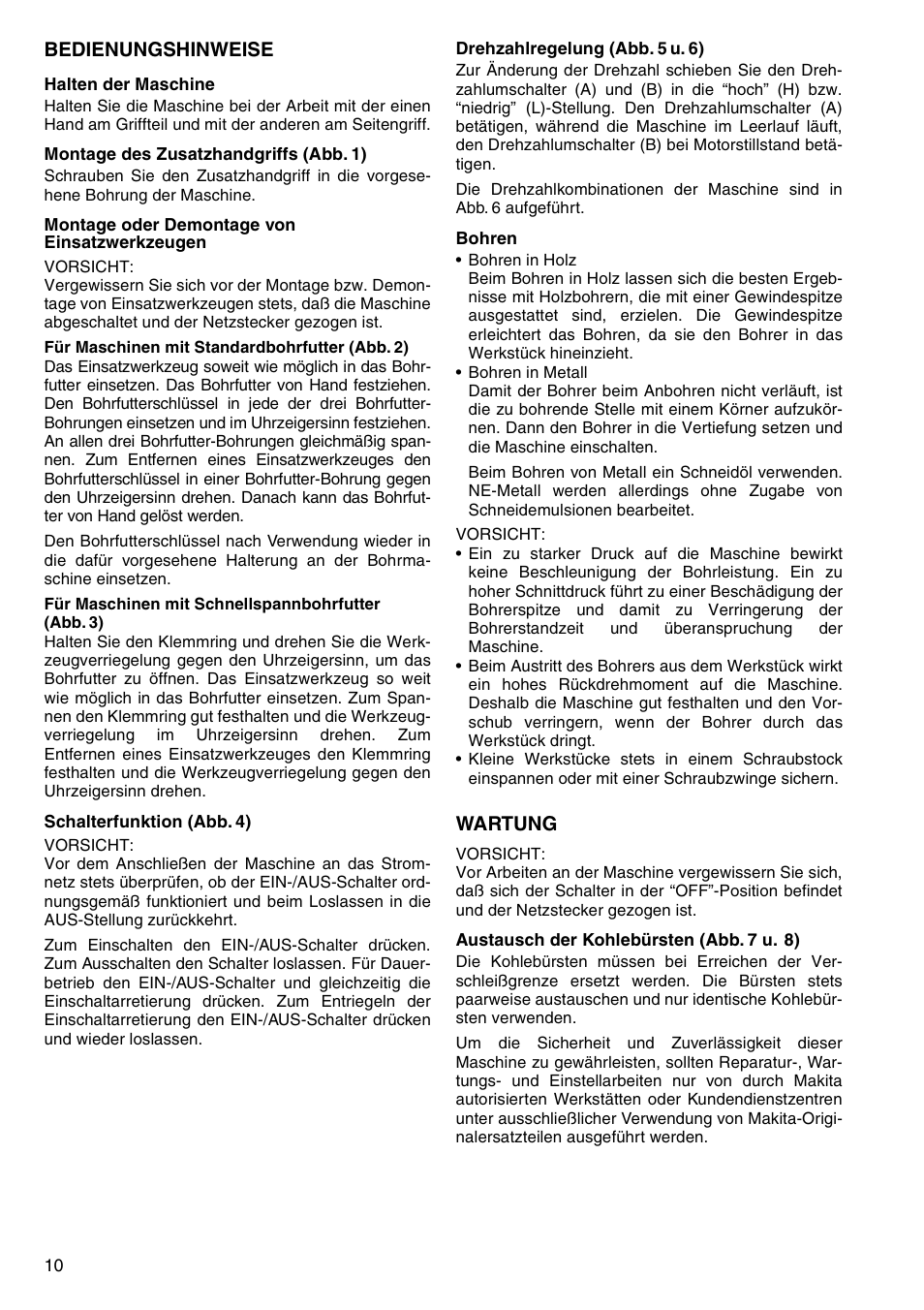 Bedienungshinweise, Wartung | Makita 6300-4 User Manual | Page 10 / 20
