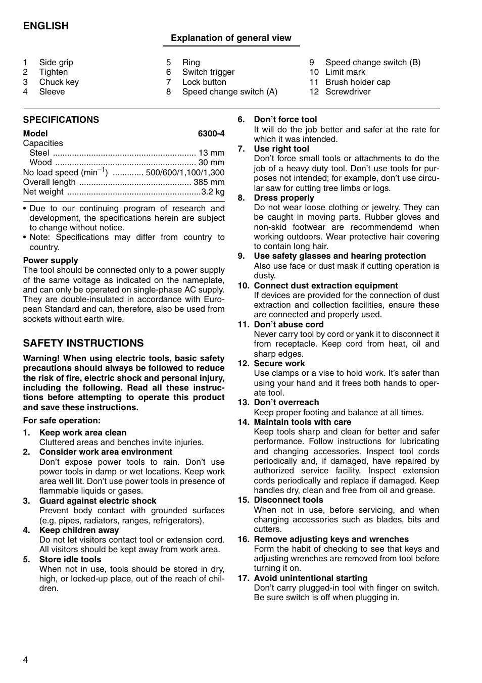 English, Safety instructions | Makita 6300-4 User Manual | Page 4 / 20