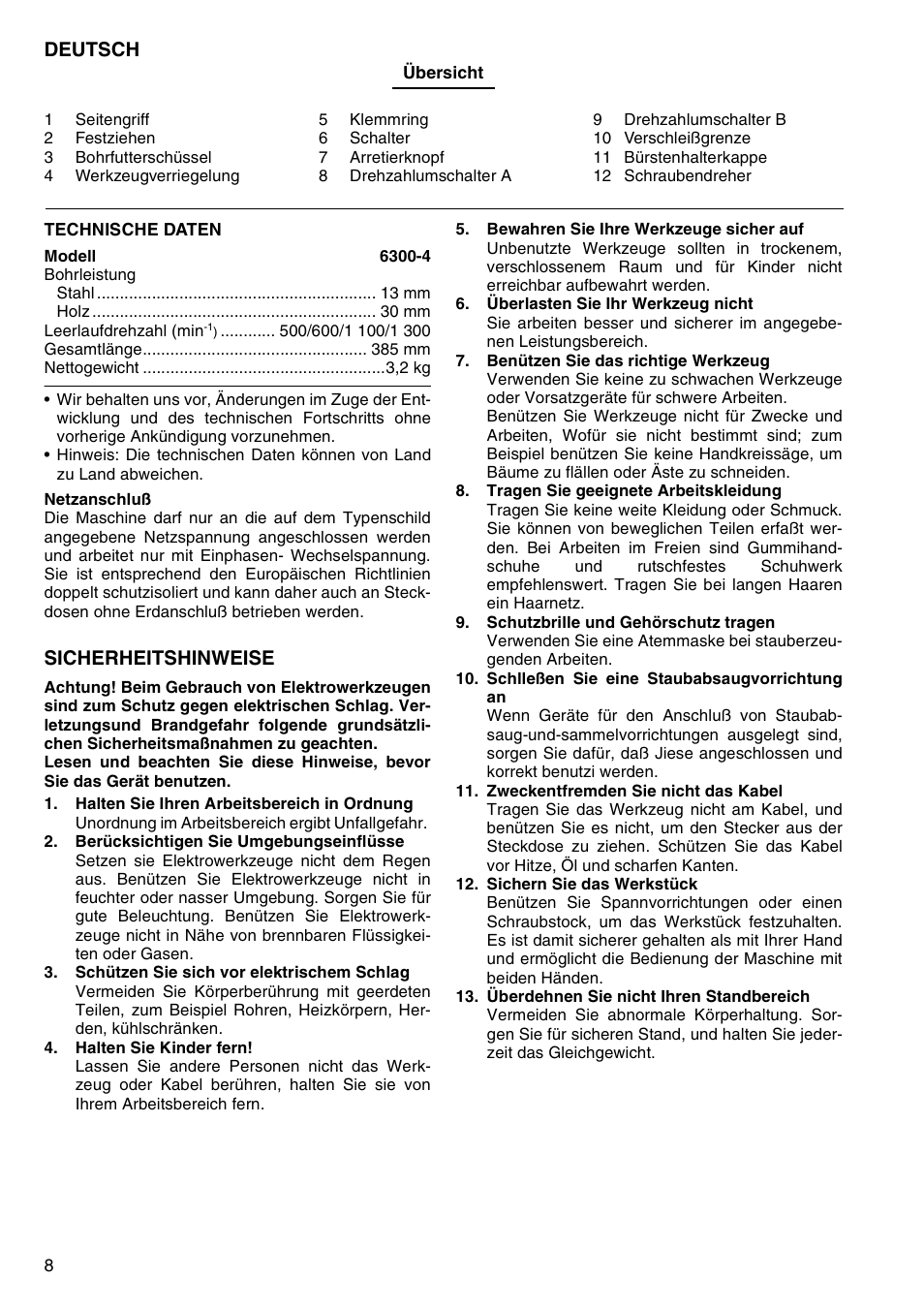 Deutsch, Sicherheitshinweise | Makita 6300-4 User Manual | Page 8 / 20