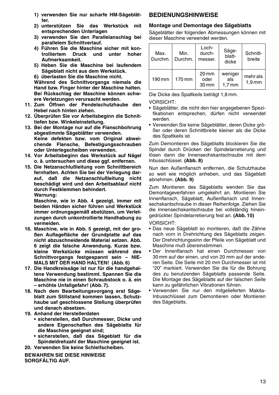 Bedienungshinweise | Makita 5704RK User Manual | Page 13 / 28