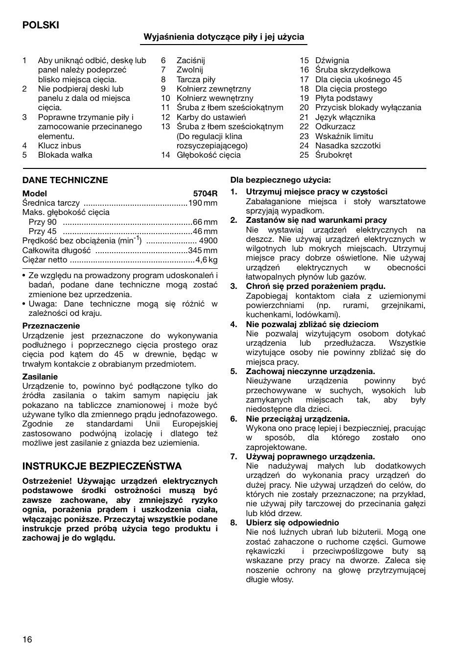 Polski, Instrukcje bezpieczeństwa | Makita 5704RK User Manual | Page 16 / 28