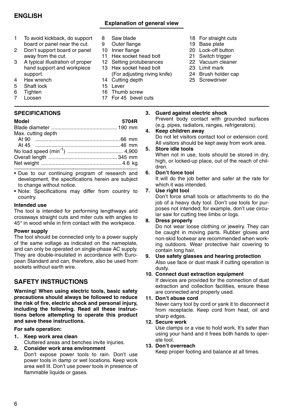English, Safety instructions | Makita 5704RK User Manual | Page 6 / 28