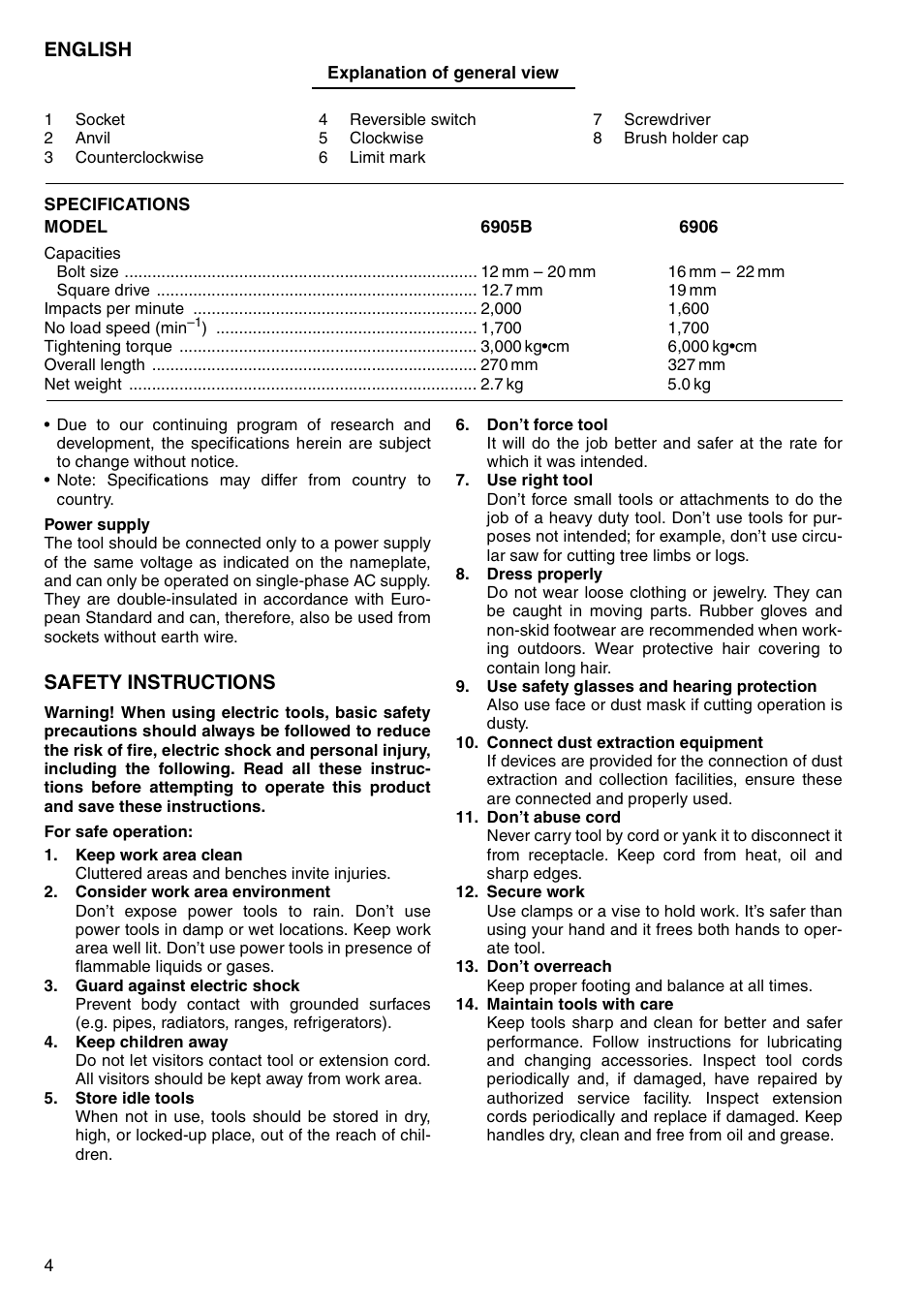 English, Safety instructions | Makita 6906 User Manual | Page 4 / 24