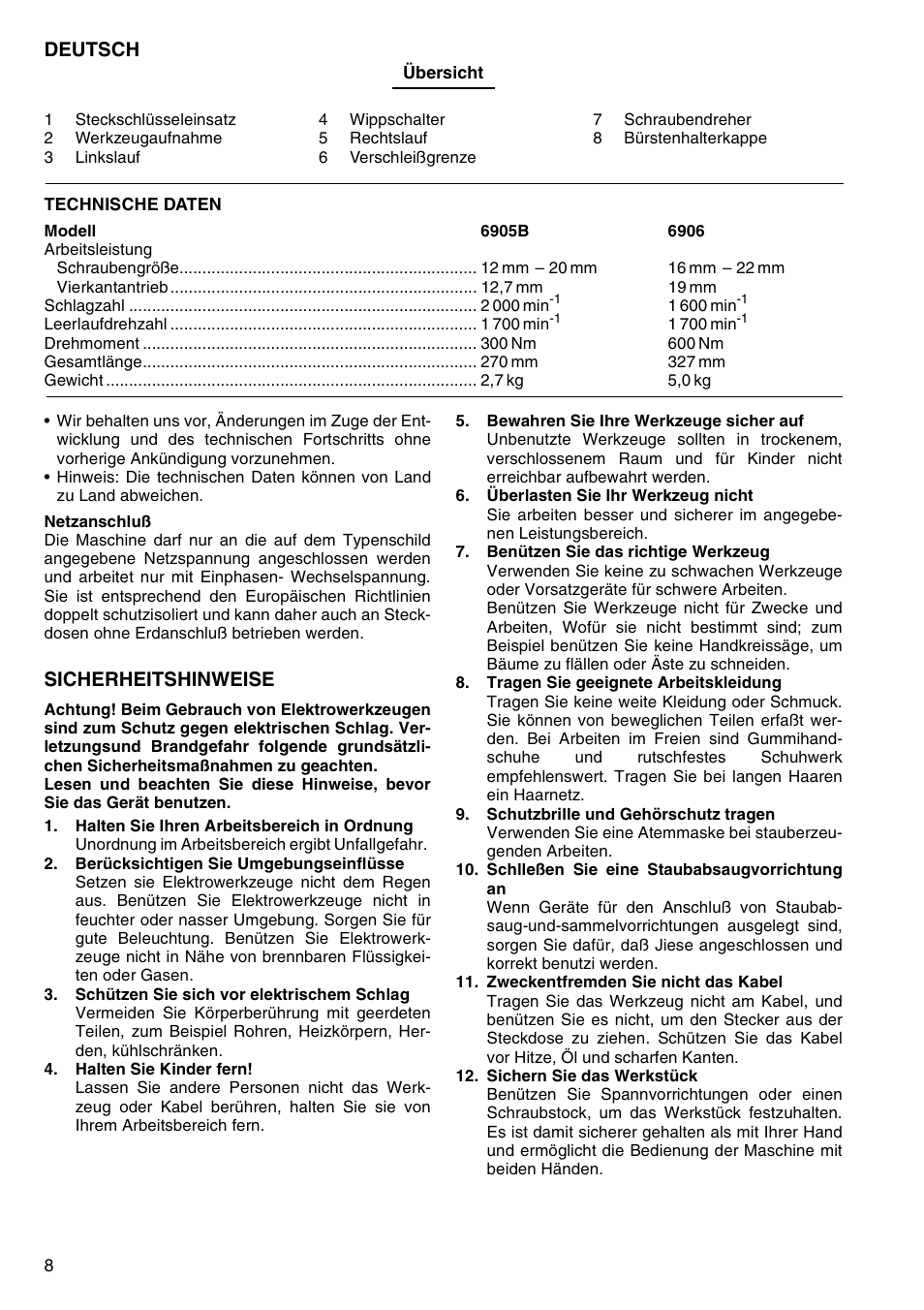 Deutsch, Sicherheitshinweise | Makita 6906 User Manual | Page 8 / 24