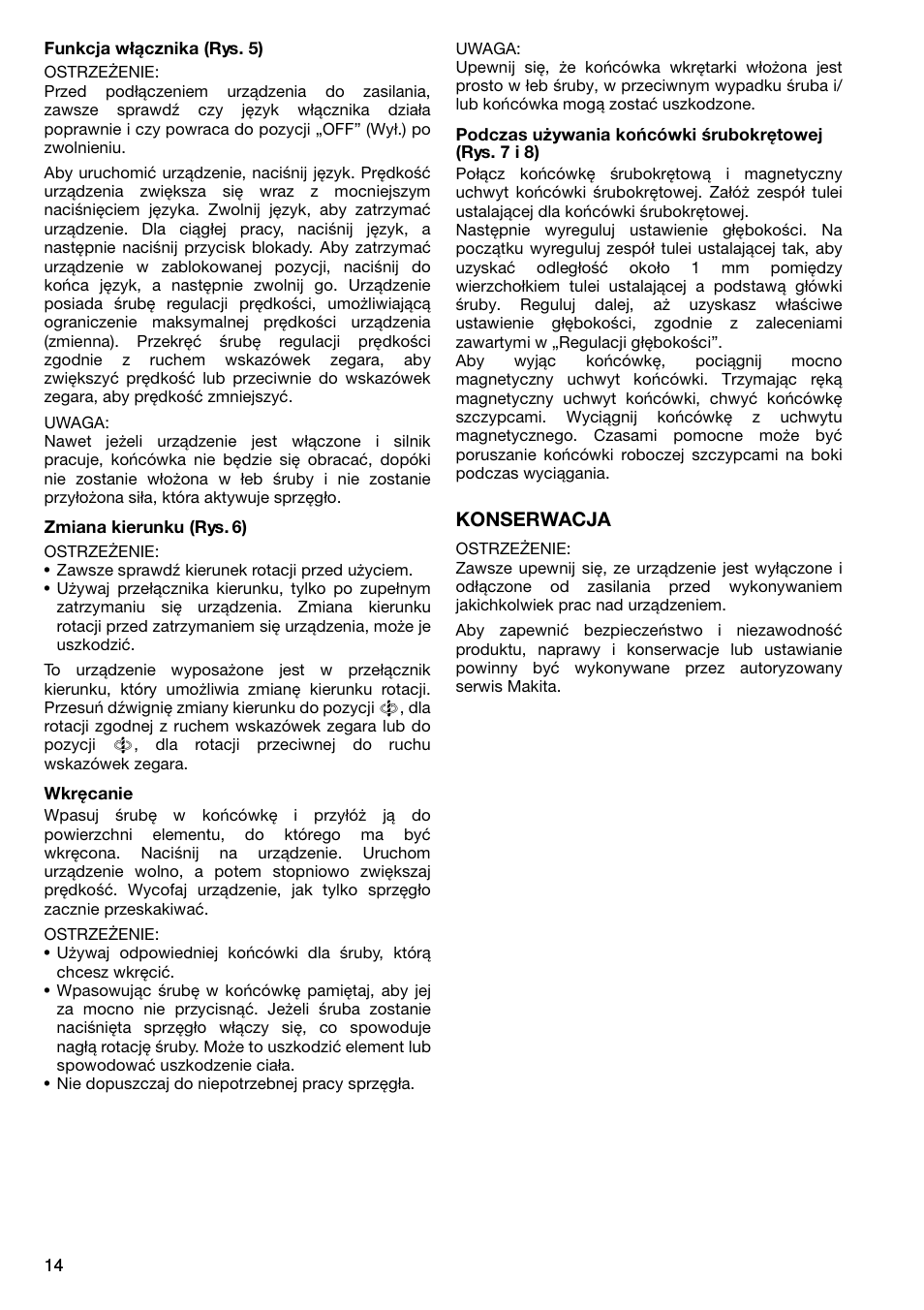 Konserwacja | Makita 6802BV User Manual | Page 14 / 20