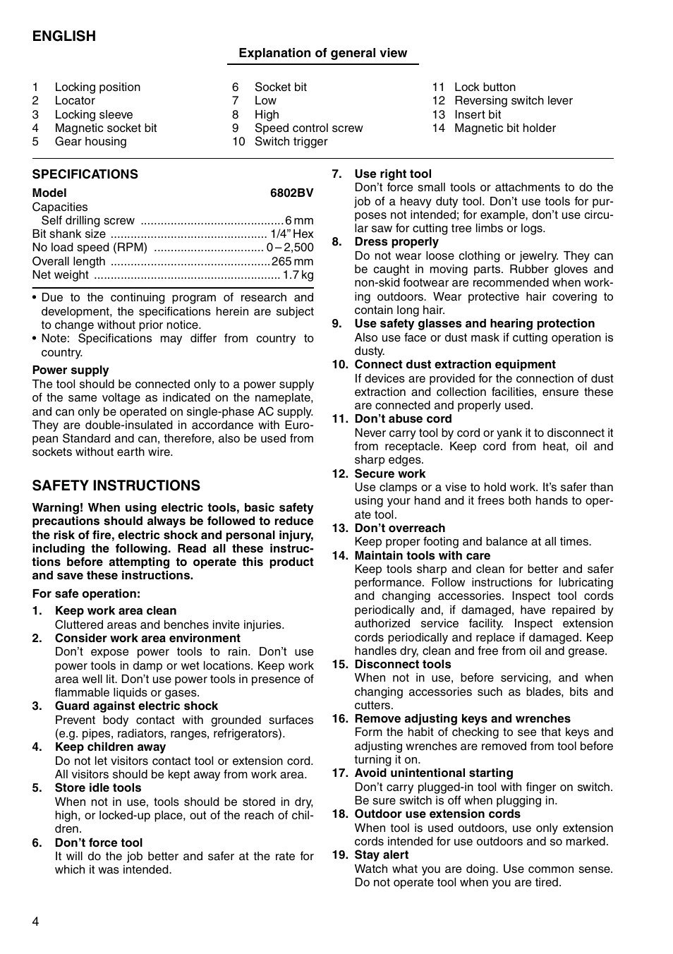 English, Safety instructions | Makita 6802BV User Manual | Page 4 / 20