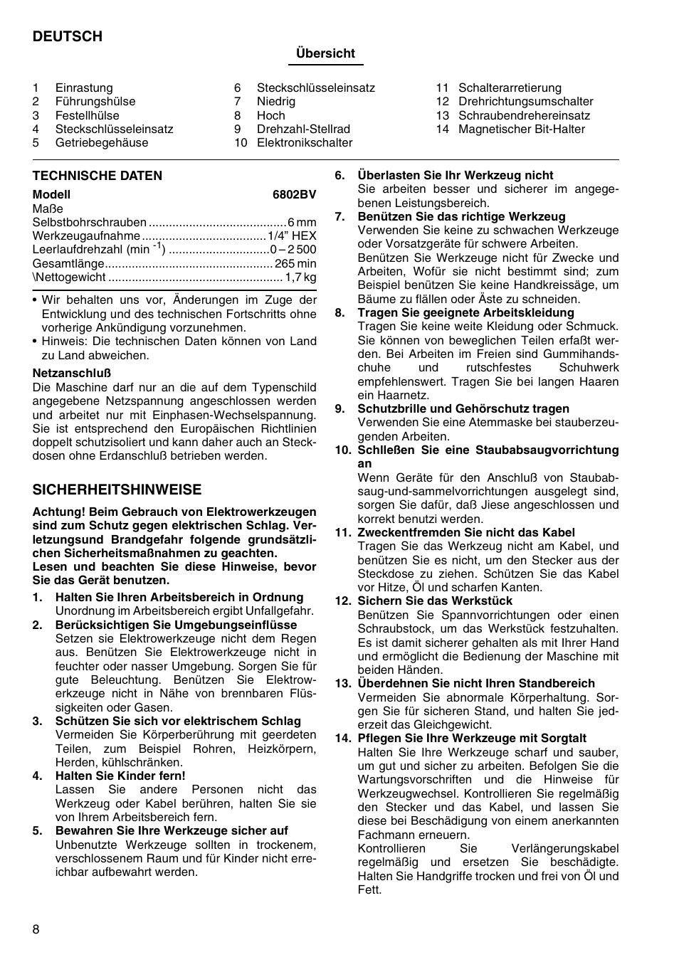 Deutsch, Sicherheitshinweise | Makita 6802BV User Manual | Page 8 / 20
