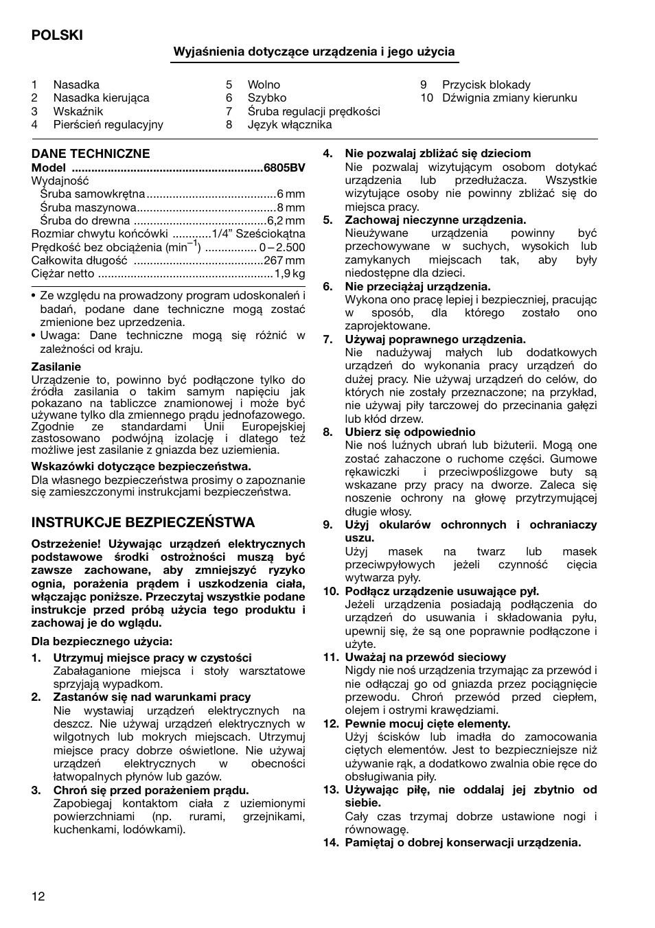 Polski, Instrukcje bezpieczeństwa | Makita 6805BV User Manual | Page 12 / 20