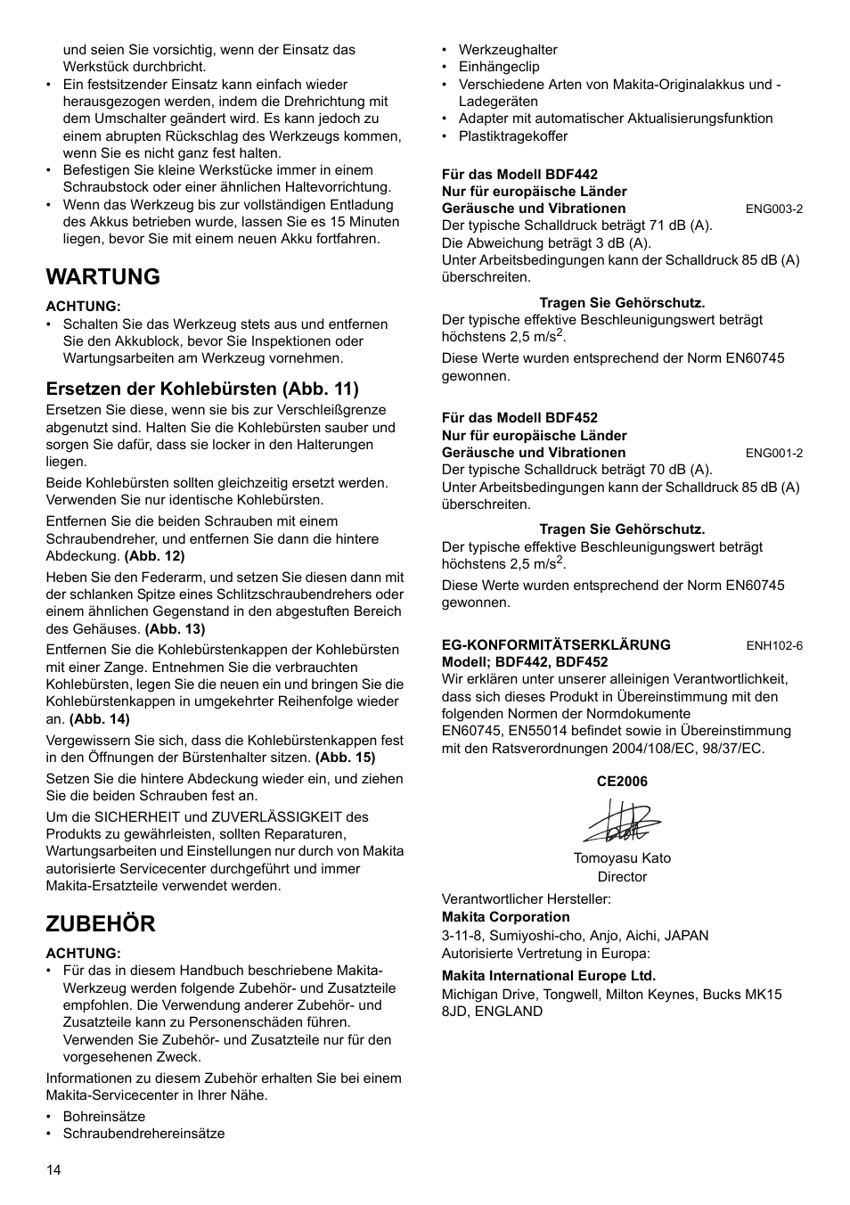 Wartung, Zubehör, Ersetzen der kohlebürsten (abb. 11) | Makita BDF452 User Manual | Page 14 / 28