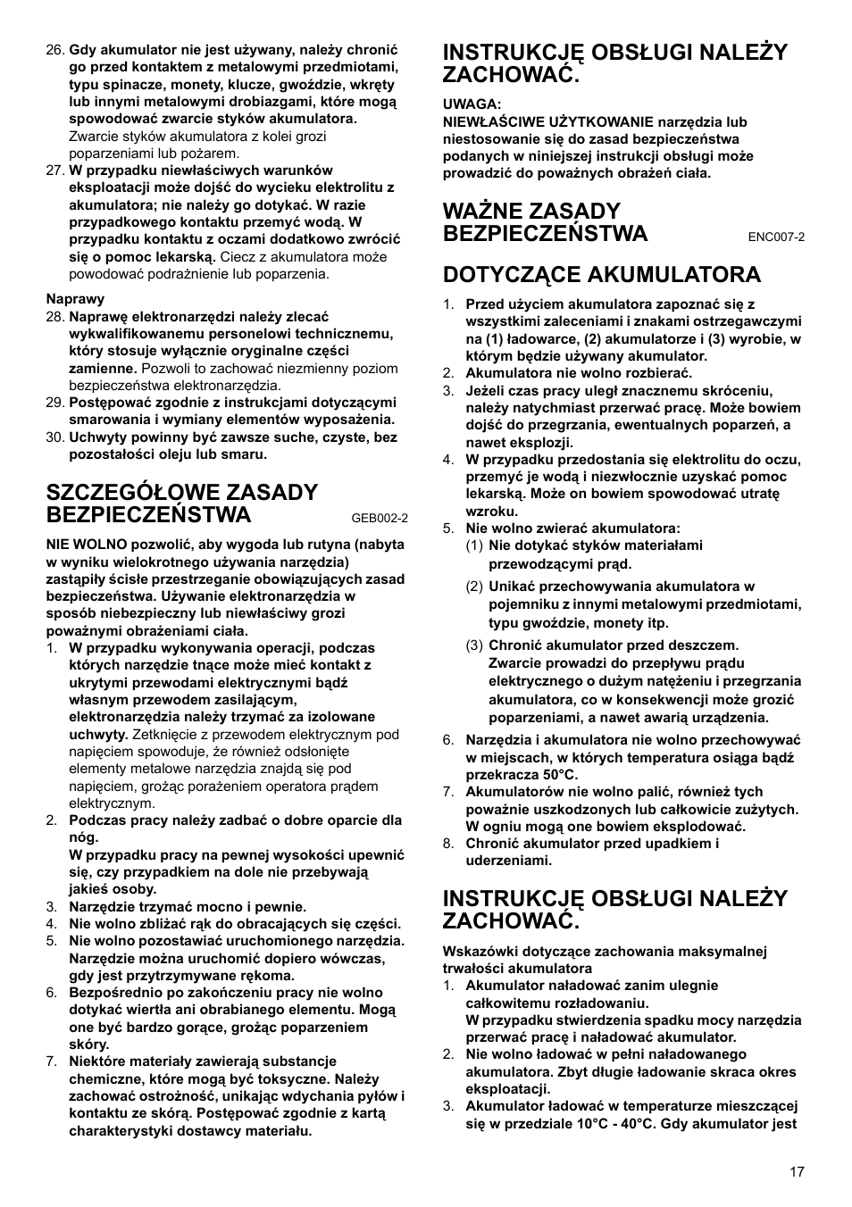 Szczegółowe zasady bezpieczeństwa, Instrukcję obsługi należy zachować, Ważne zasady bezpieczeństwa | Dotyczące akumulatora | Makita BDF452 User Manual | Page 17 / 28