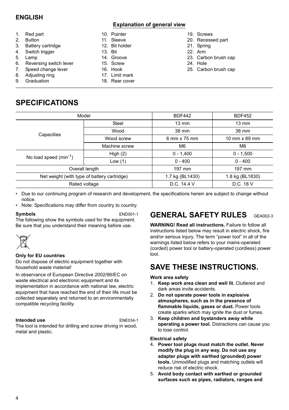 Specifications, General safety rules, Save these instructions | English | Makita BDF452 User Manual | Page 4 / 28