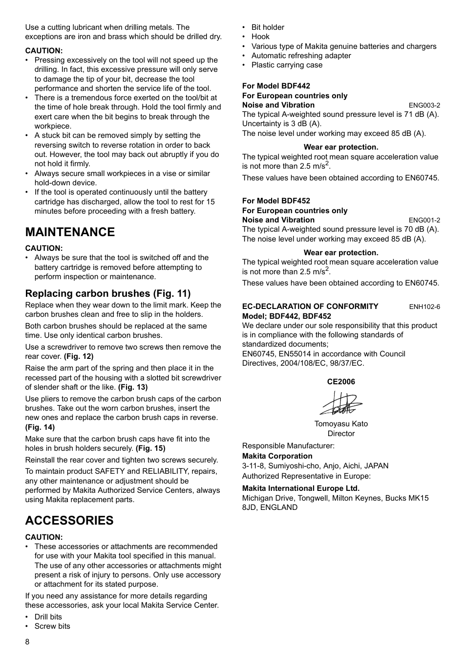 Maintenance, Accessories, Replacing carbon brushes (fig. 11) | Makita BDF452 User Manual | Page 8 / 28