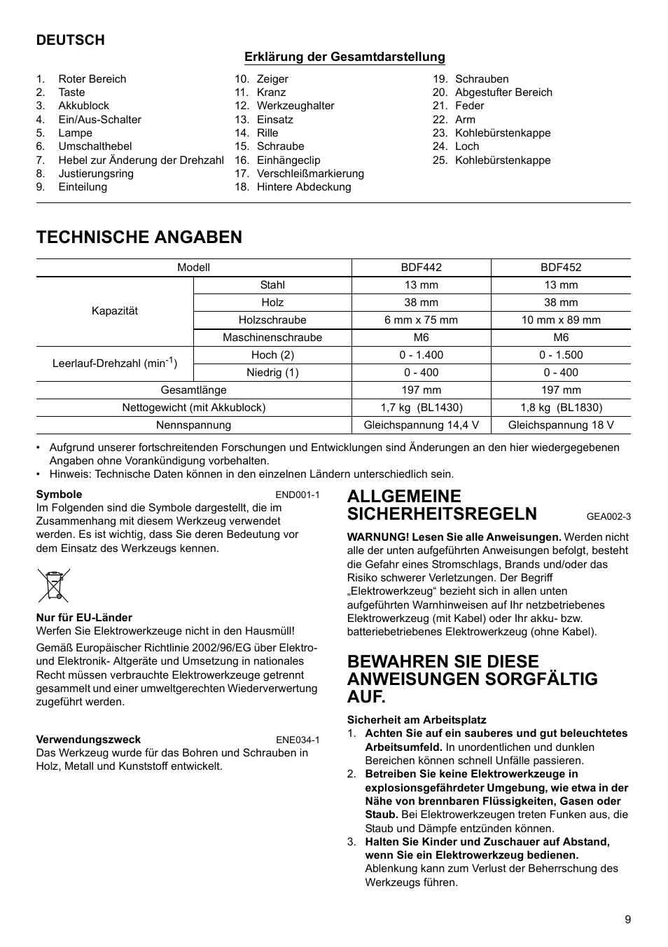 Technische angaben, Allgemeine sicherheitsregeln, Bewahren sie diese anweisungen sorgfältig auf | Deutsch | Makita BDF452 User Manual | Page 9 / 28