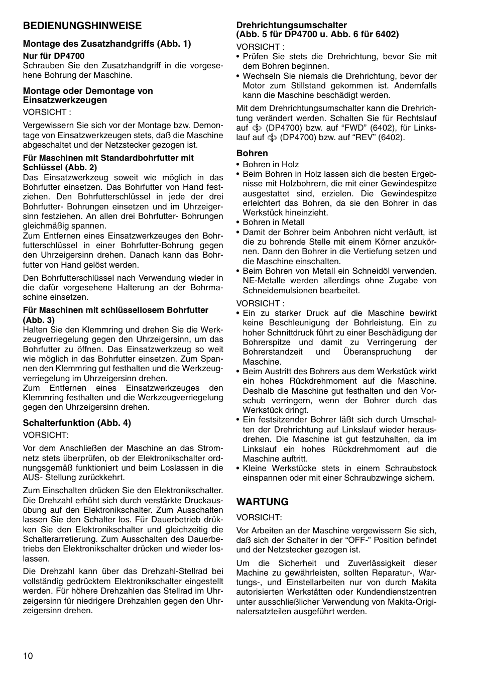 Bedienungshinweise, Wartung | Makita 6402 User Manual | Page 10 / 20