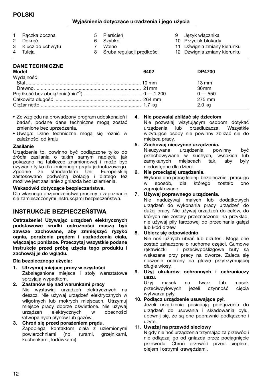 Polski, Instrukcje bezpieczeństwa | Makita 6402 User Manual | Page 12 / 20