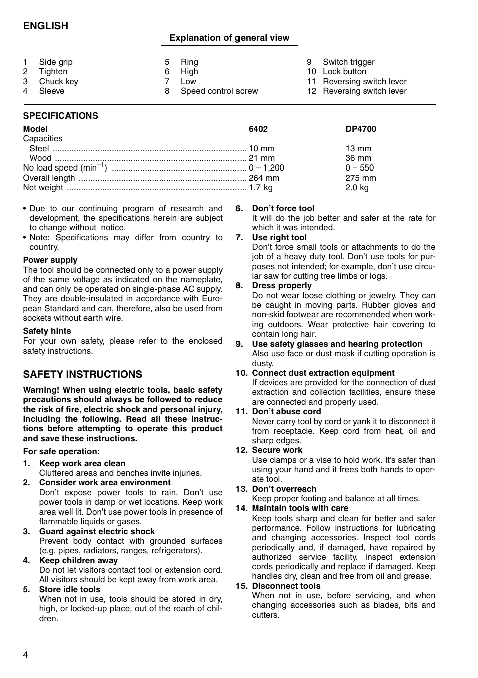 English, Safety instructions | Makita 6402 User Manual | Page 4 / 20