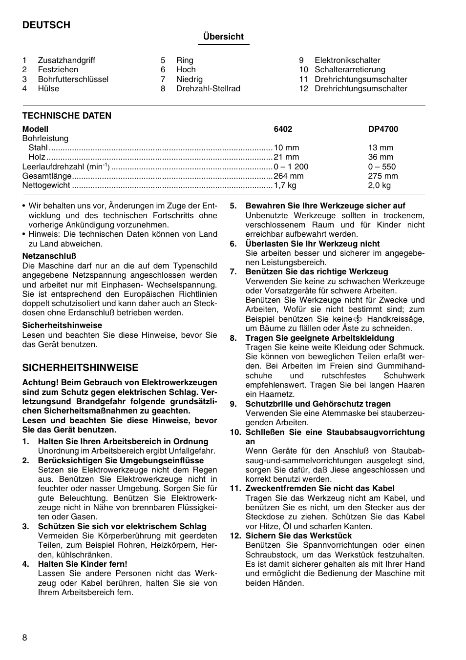 Deutsch, Sicherheitshinweise | Makita 6402 User Manual | Page 8 / 20