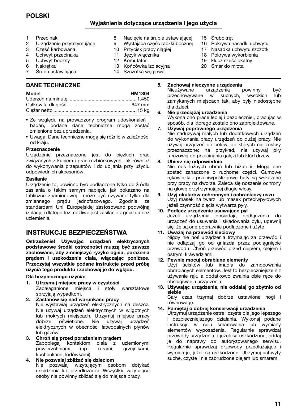 Polski, Instrukcje bezpieczeństwa | Makita HM1304 User Manual | Page 11 / 20