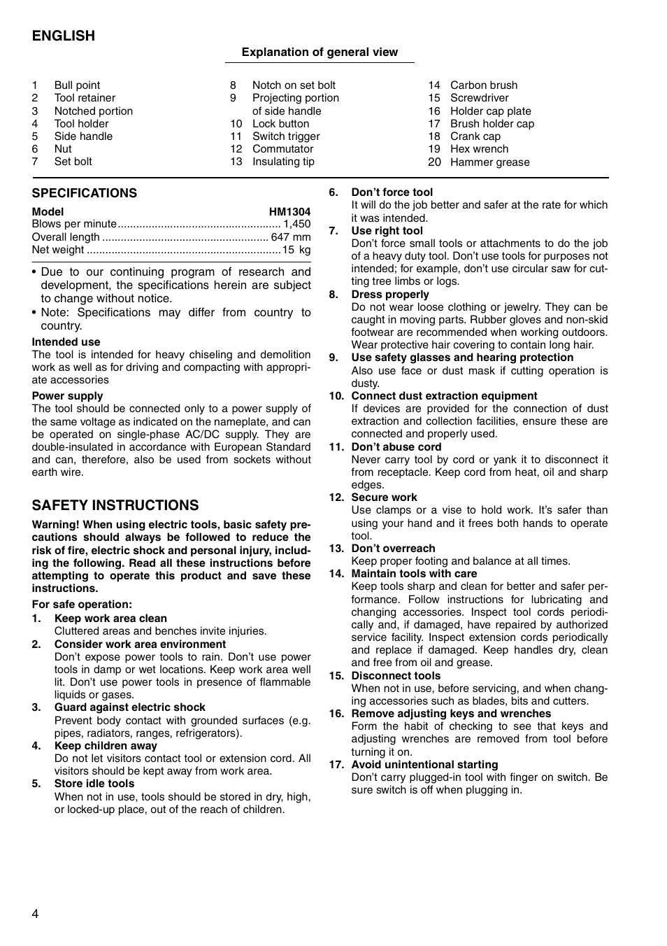 English, Safety instructions | Makita HM1304 User Manual | Page 4 / 20
