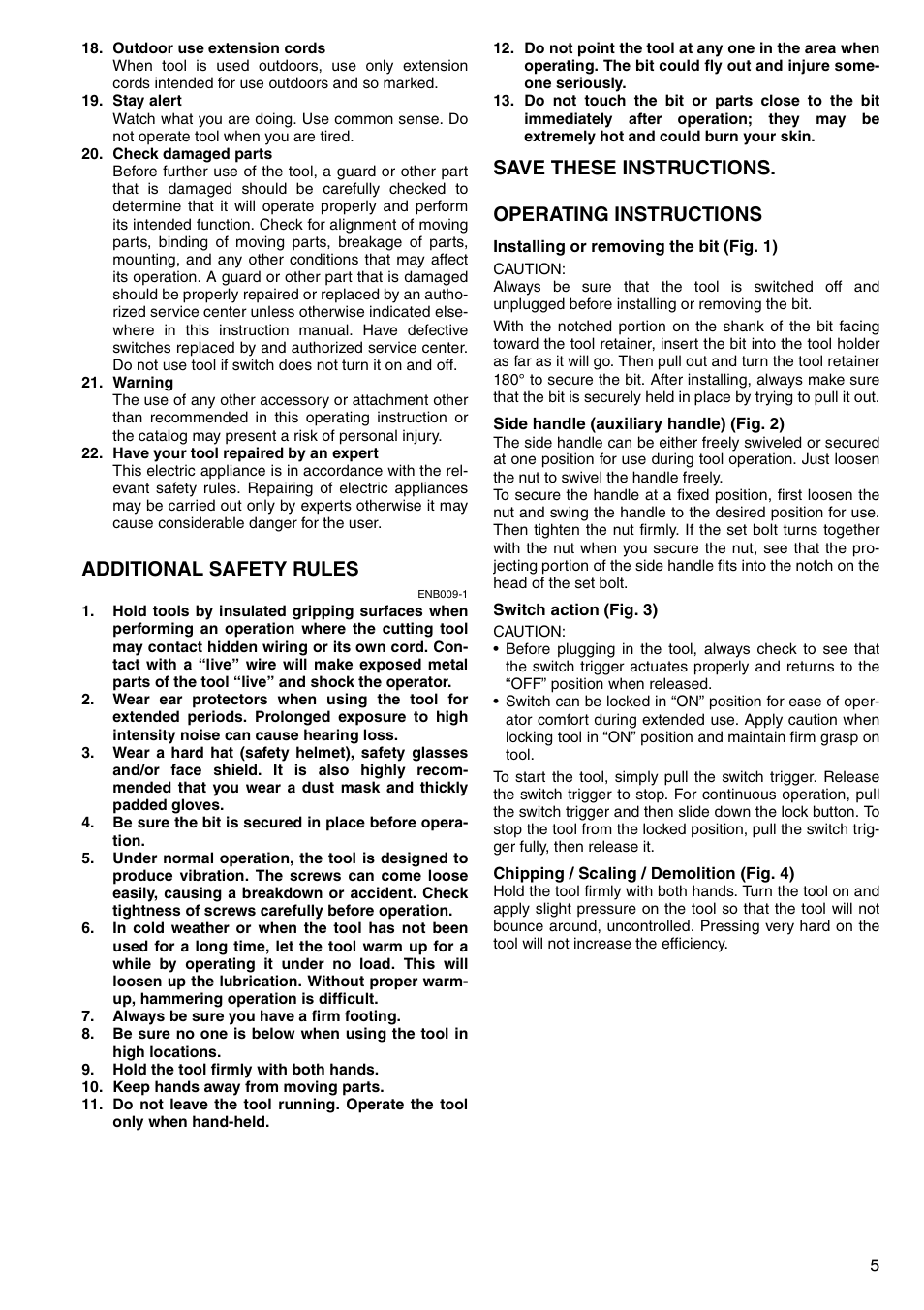 Additional safety rules, Save these instructions. operating instructions | Makita HM1304 User Manual | Page 5 / 20