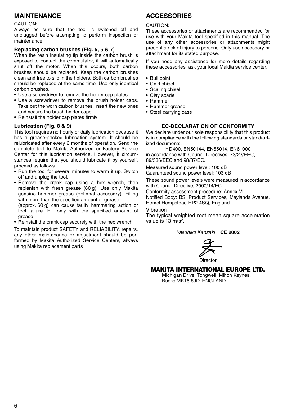 Maintenance, Accessories | Makita HM1304 User Manual | Page 6 / 20