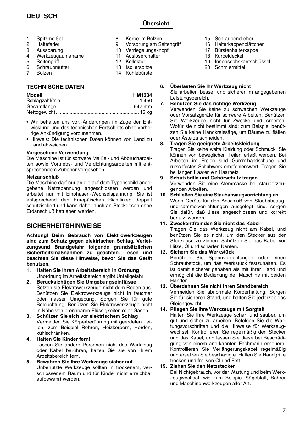 Deutsch, Sicherheitshinweise | Makita HM1304 User Manual | Page 7 / 20
