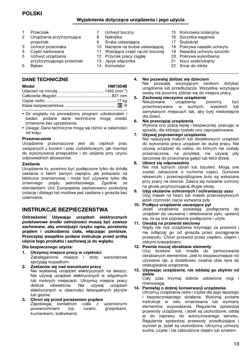 Polski, Instrukcje bezpieczeństwa | Makita HM1304B User Manual | Page 13 / 20