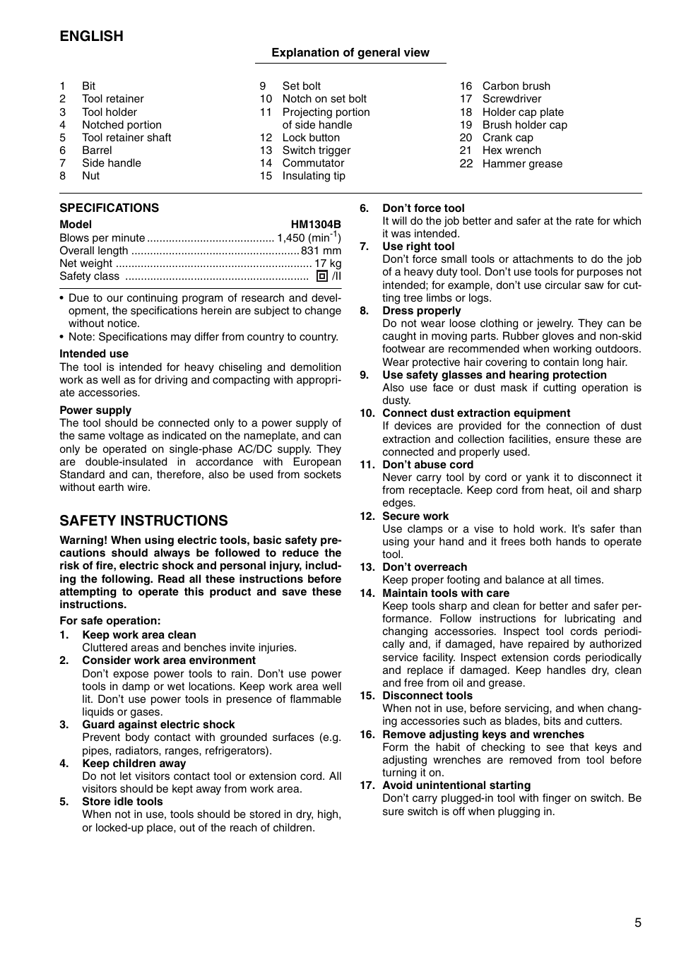 English, Safety instructions | Makita HM1304B User Manual | Page 5 / 20