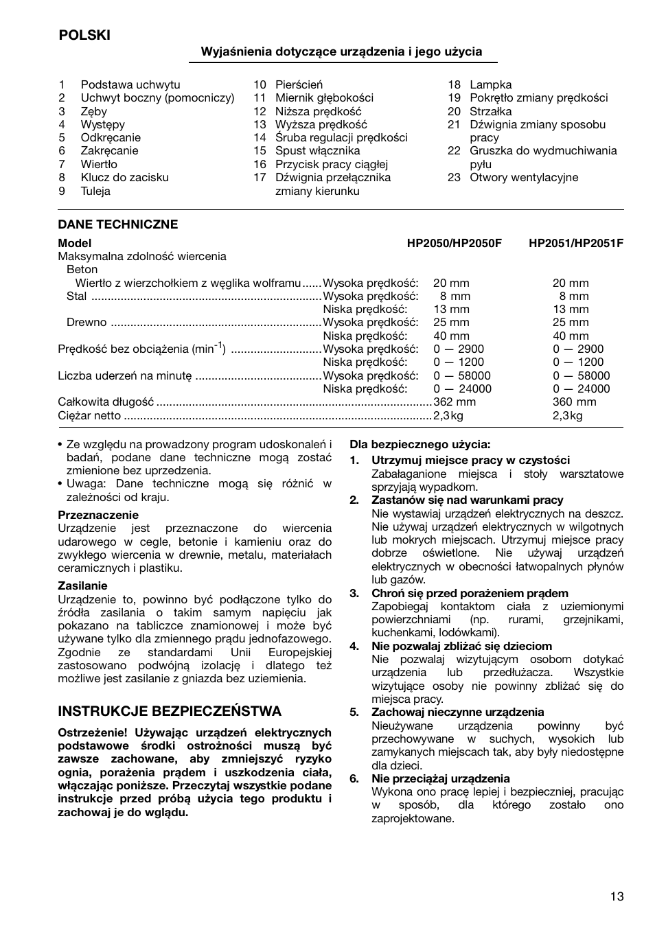 Polski, Instrukcje bezpieczeństwa | Makita HP2051F User Manual | Page 13 / 24