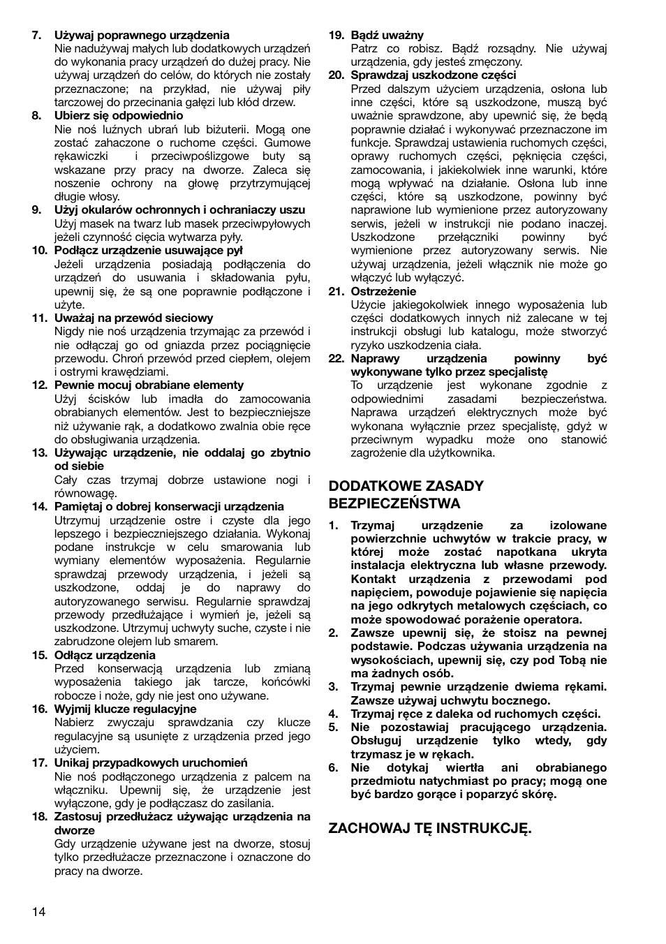 Dodatkowe zasady bezpieczeństwa, Zachowaj tę instrukcję | Makita HP2051F User Manual | Page 14 / 24