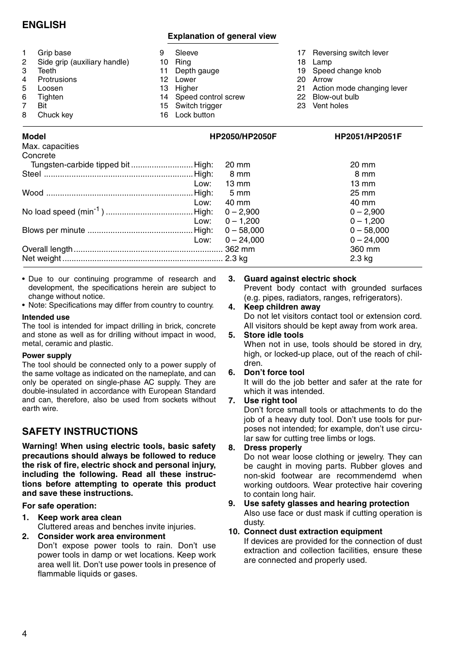 English, Safety instructions | Makita HP2051F User Manual | Page 4 / 24