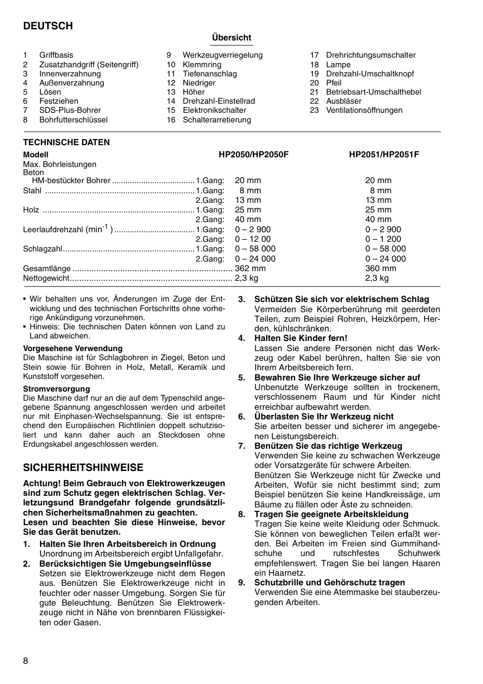 Deutsch, Sicherheitshinweise | Makita HP2051F User Manual | Page 8 / 24