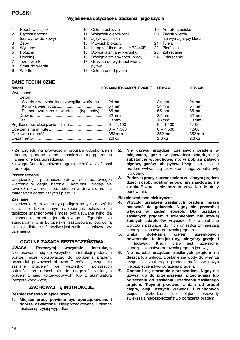 Polski | Makita HR2442 User Manual | Page 14 / 24