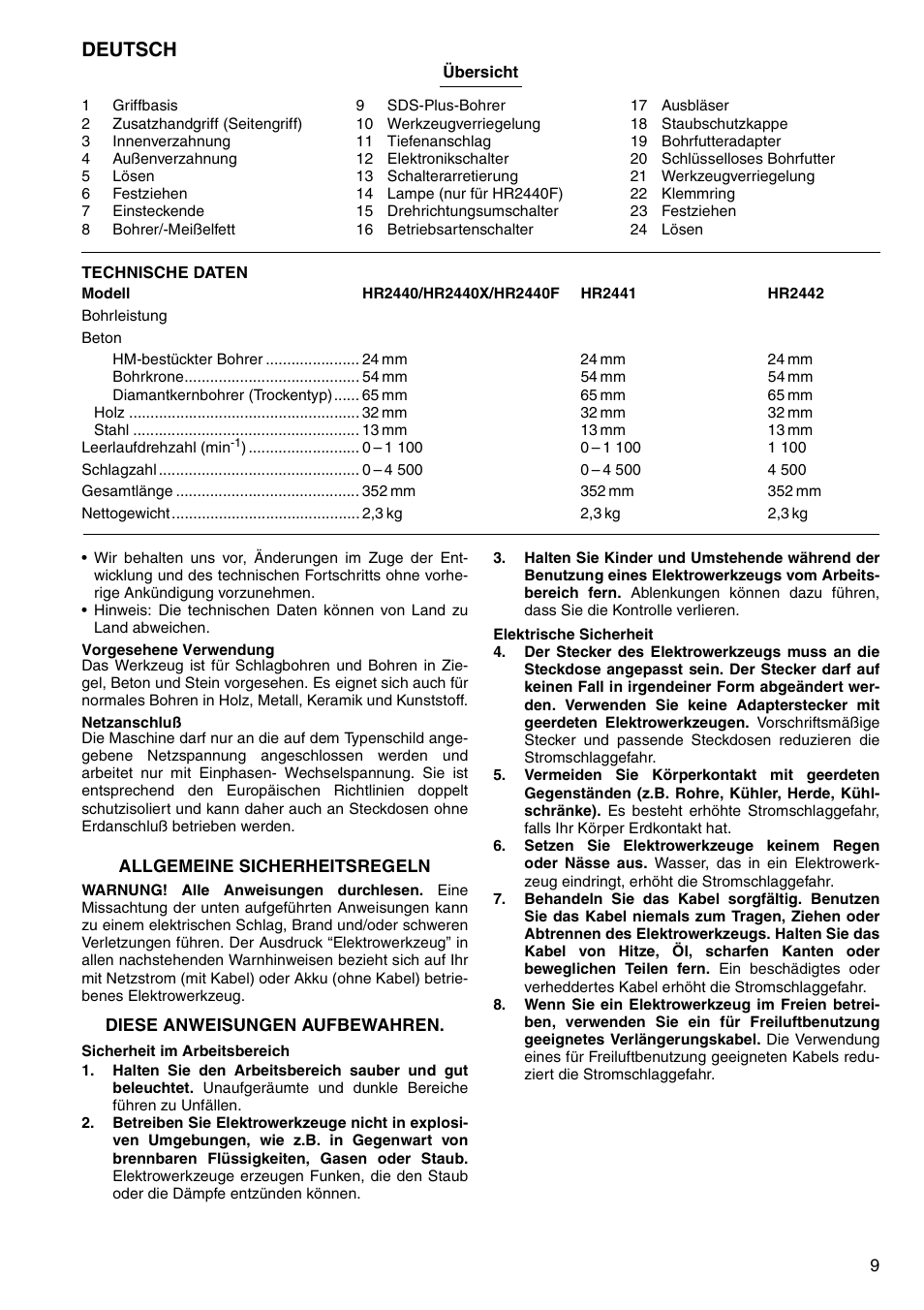 Deutsch | Makita HR2442 User Manual | Page 9 / 24