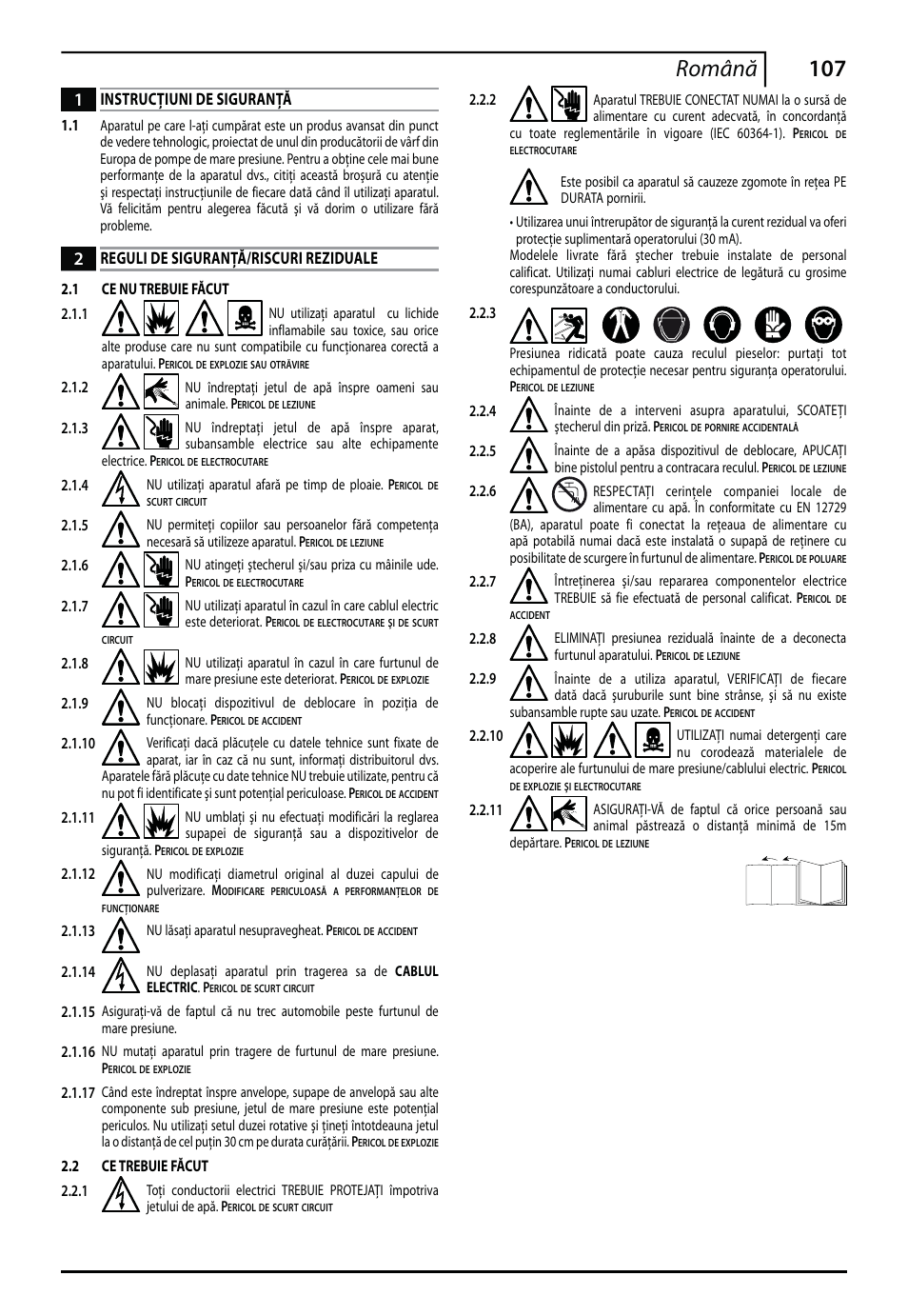 107 română, Instruc ţiuni de siguranţă, Reguli de siguran ţă/riscuri reziduale | Makita HW112 User Manual | Page 107 / 140