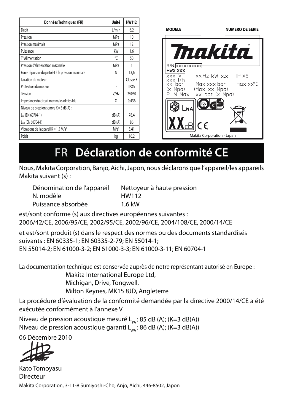 Fr déclaration de conformité ce | Makita HW112 User Manual | Page 11 / 140