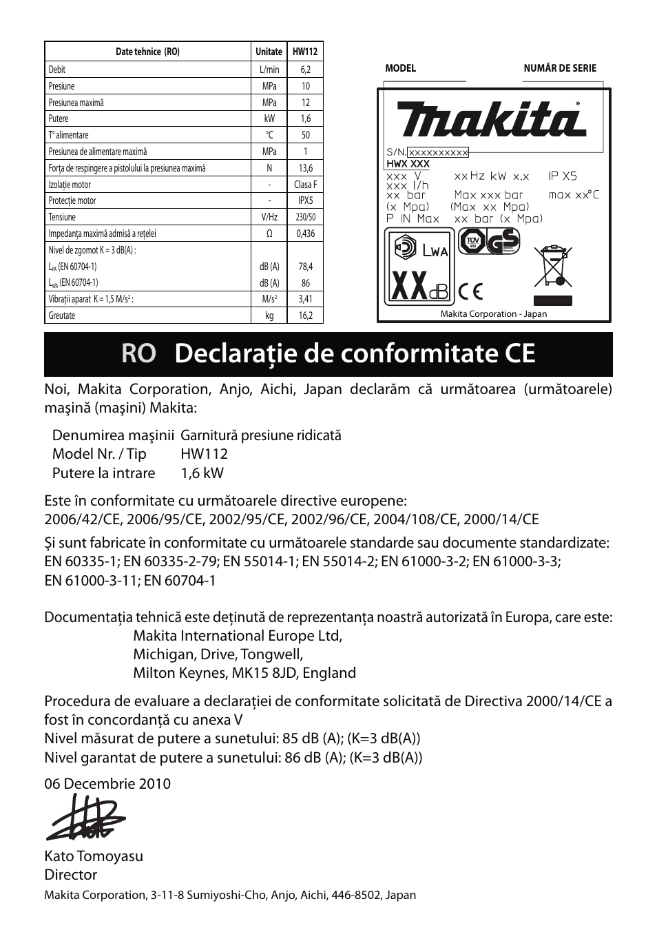 Ro declaraţie de conformitate ce | Makita HW112 User Manual | Page 111 / 140